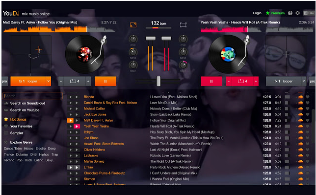 you.dj The best DJ mixing online application with chrome extension. Sound library and samples using SoundCloud and Youtube music. Cool effect and controls. Record and share your mix music.